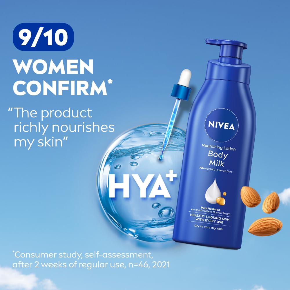 NIVEA bottle beside hand for scale, highlights 400ml size and lasting value