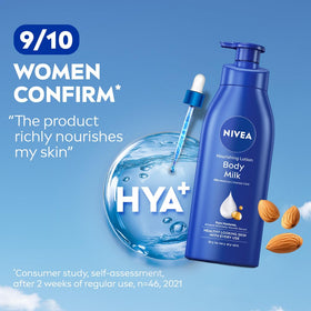 NIVEA bottle beside hand for scale, highlights 400ml size and lasting value