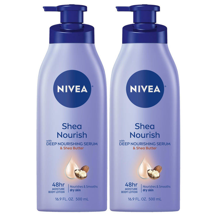 NIVEA front packaging showing bottle and shea butter benefit