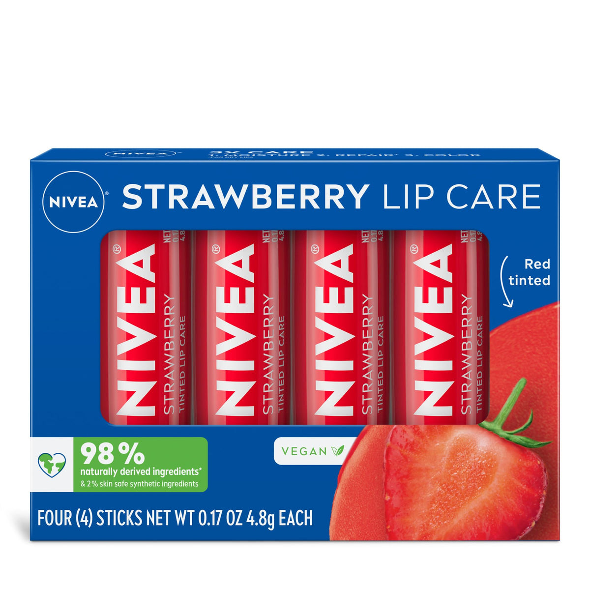 NIVEA front packaging showing four strawberry tinted lip balm sticks for easy storage