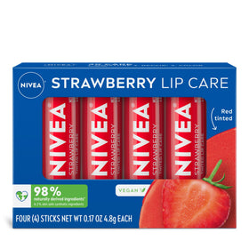 NIVEA front packaging showing four strawberry tinted lip balm sticks for easy storage