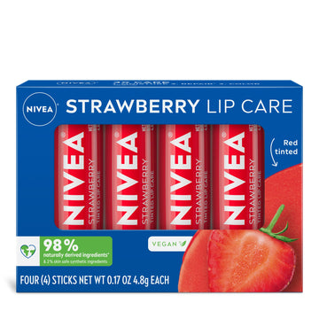 NIVEA front packaging showing four strawberry tinted lip balm sticks for easy storage