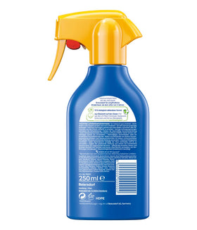 Nivea Sun bottle detail showing recycled plastic construction and eco benefit