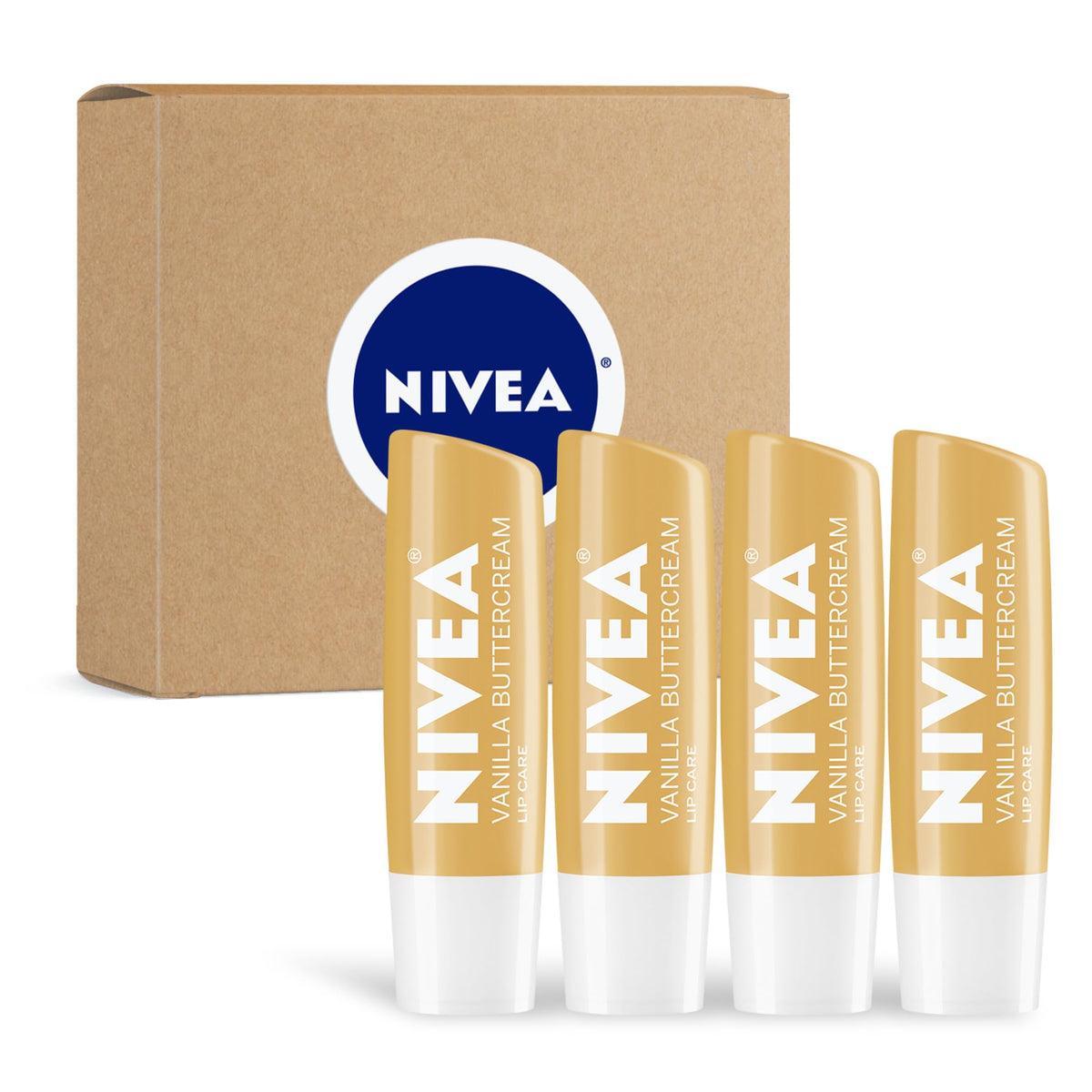 NIVEA vanilla buttercream front packaging showing four sticks and flavor benefit