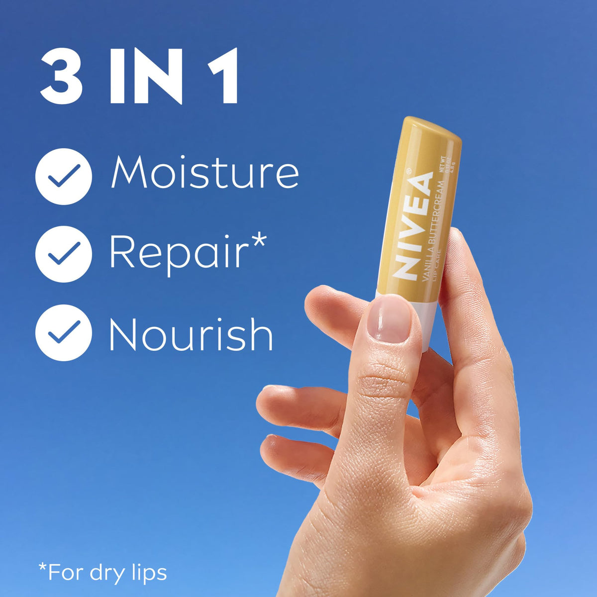NIVEA open stick close-up revealing creamy balm for immediate hydration benefit
