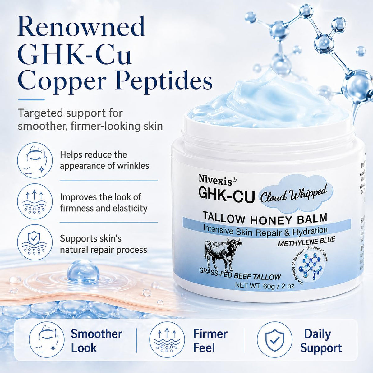 Nivexis lid and label detail highlighting GHK-Cu copper peptide benefits
