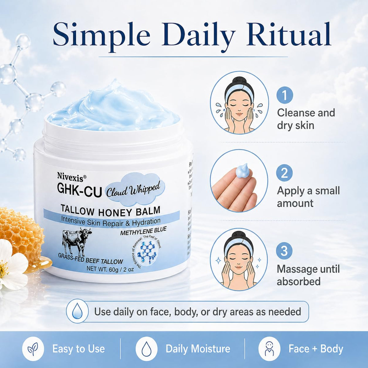 overnight application of Nivexis balm on cheek illustrating nightly care