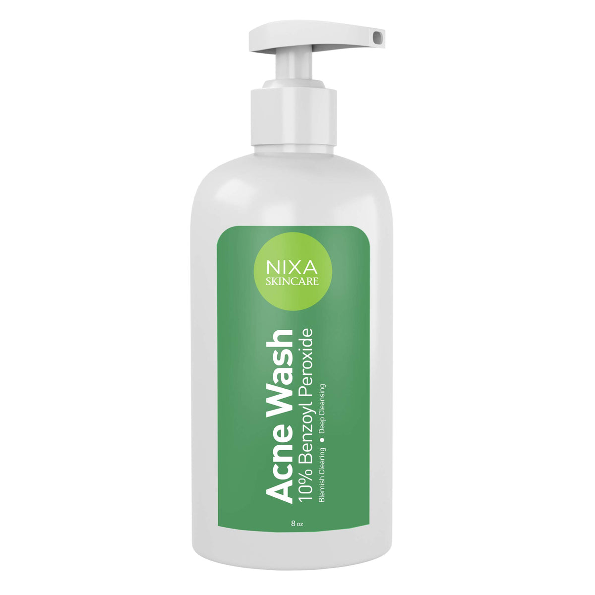NIXA 10% benzoyl peroxide wash bottle front view shows label and clinical look