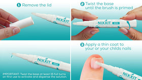 NIXXIT being brushed onto a thumb, showing targeted thumb-sucking deterrent