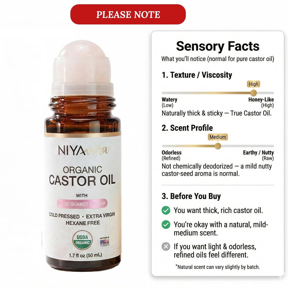 NIYAVERA amber glass bottle label readable emphasizing organic certification