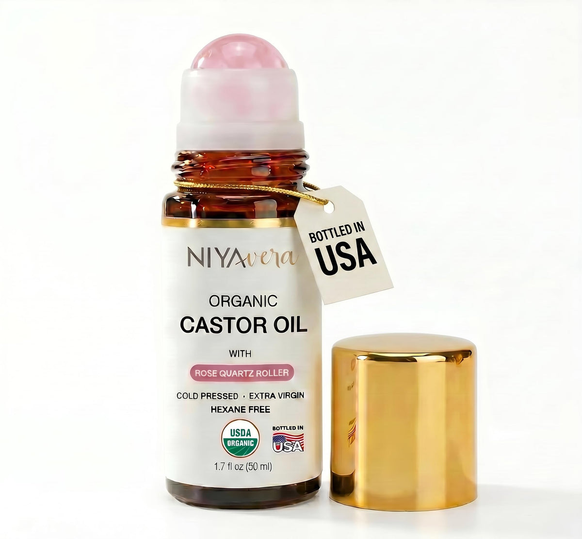 NIYAVERA roll-on bottle front view showing amber glass and label benefits