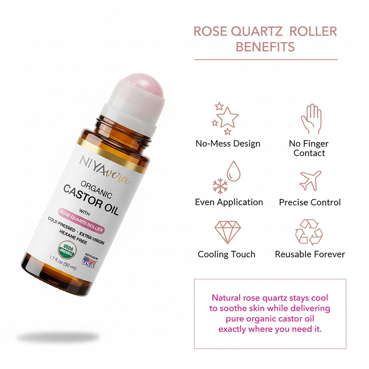 NIYAVERA rose quartz roller close-up highlighting smooth precise application