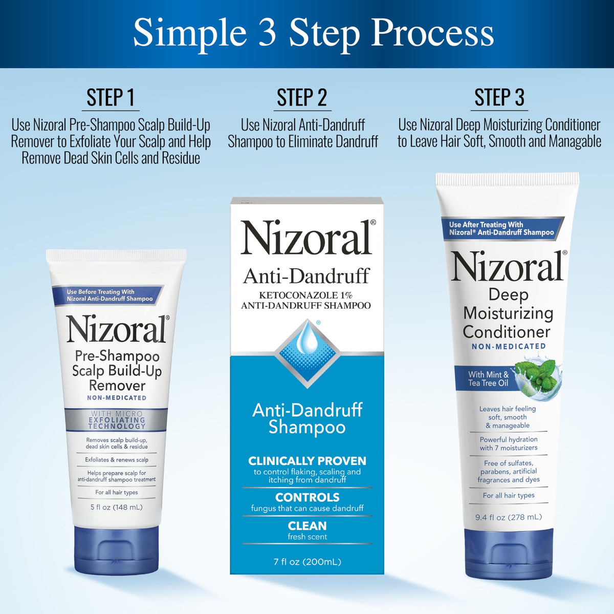 Nizoral applied to dry scalp in shower demonstrating easy pre-shampoo use