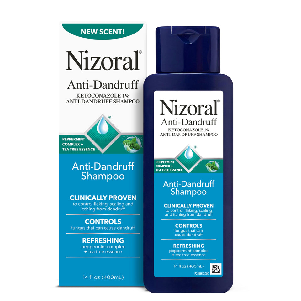 Nizoral front packaging showing 14 fl oz bottle and clear branding for fast recognition
