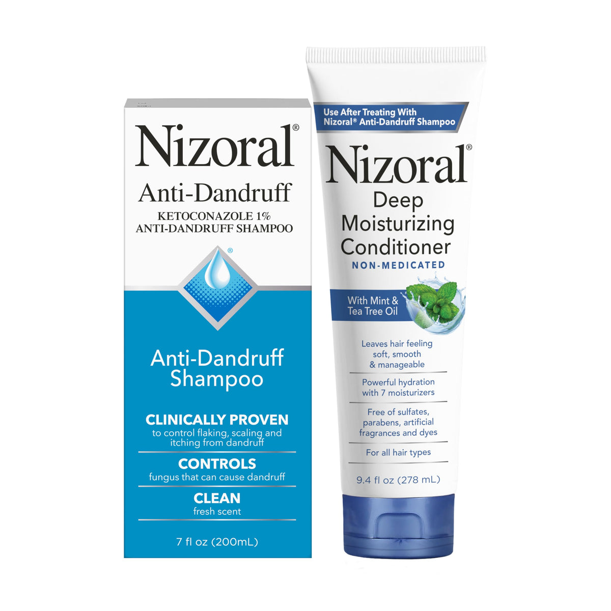 Nizoral bundle front packaging showing both bottles and easy identification benefit