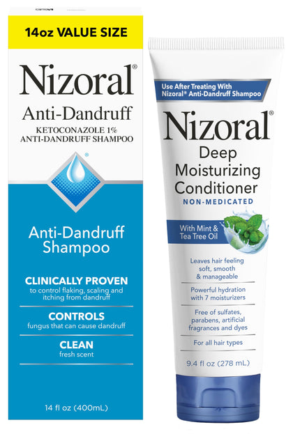 Nizoral shampoo front packaging showing bottle and benefits