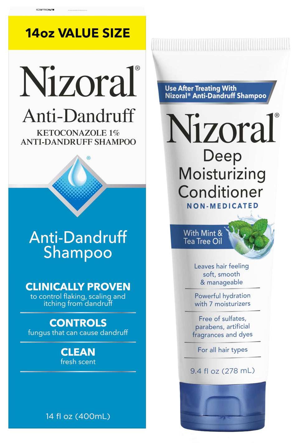 Nizoral shampoo front packaging showing bottle and benefits