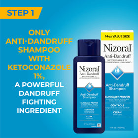Nizoral shampoo label close-up showing ketoconazole 1% benefit