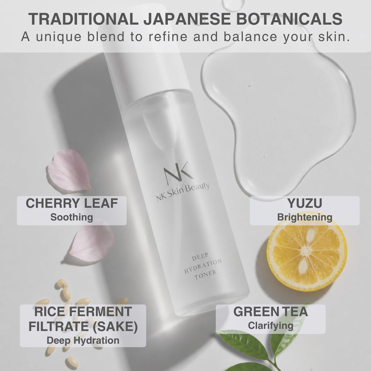 NK Skin Beauty ingredient display with botanicals showing calming, natural benefit