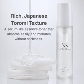 NK Skin Beauty beside common items to show bottle scale and travel-friendly benefit