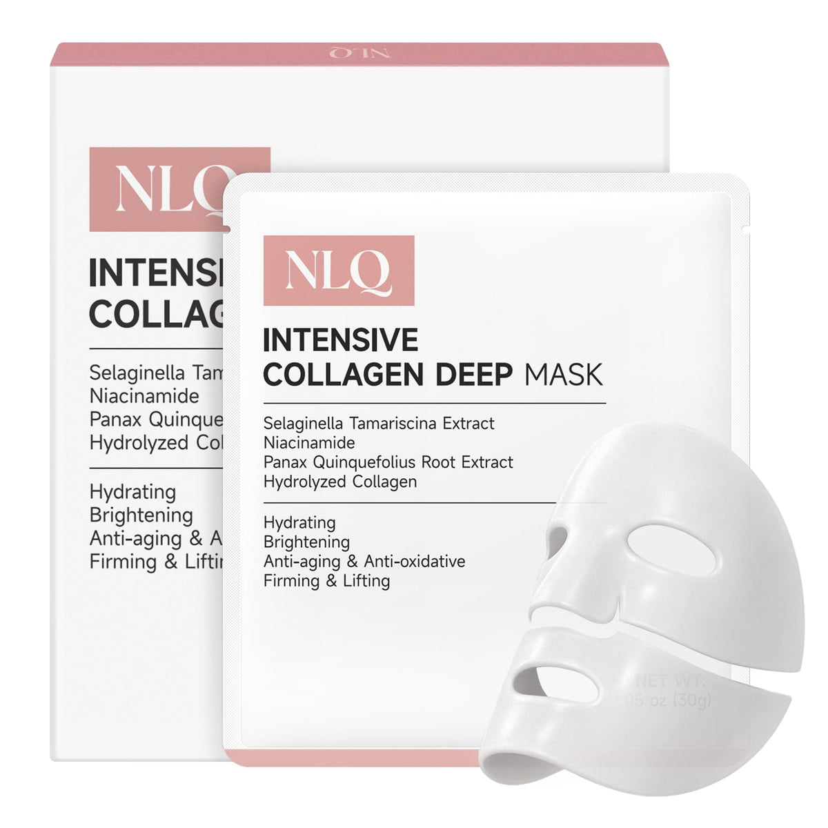 NLQ front packaging showing five hydrogel mask sachets and product benefits