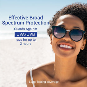 NO-AD sunscreen applied to family at beach showing water-resistant benefit