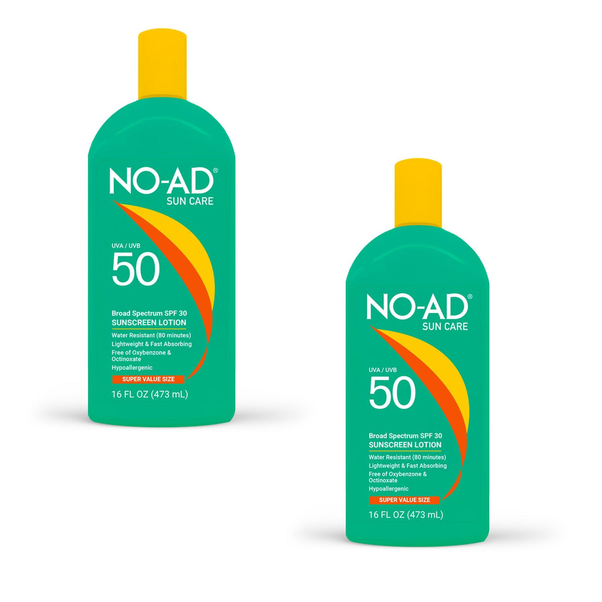 NO-AD front packaging showing two 16oz bottles and SPF 50 protection benefit