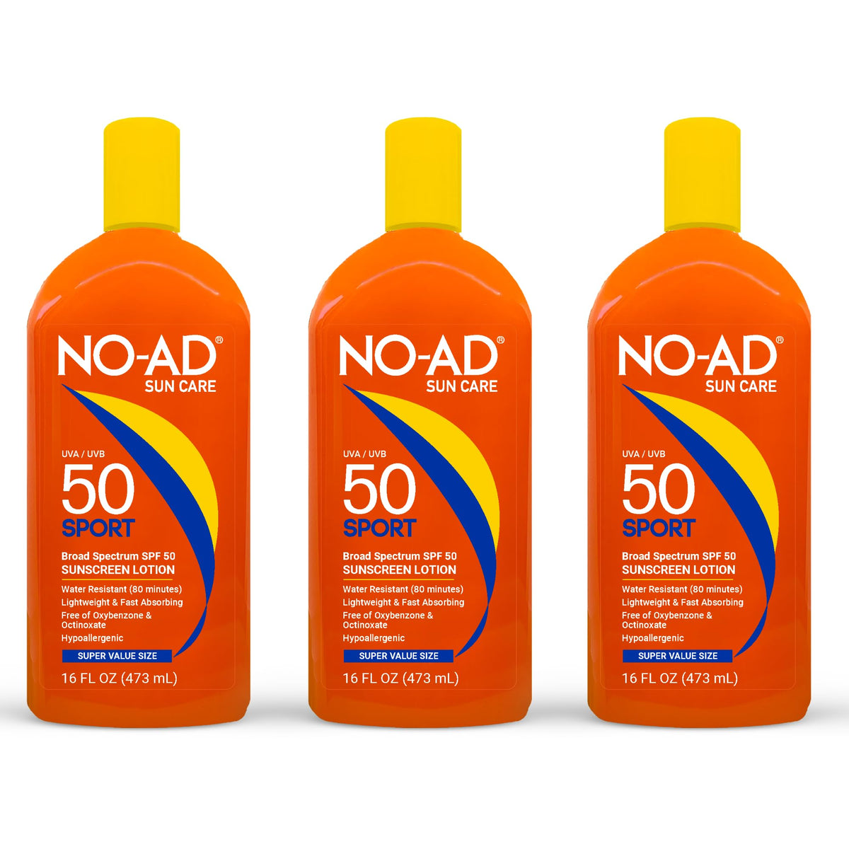 NO-AD front packaging showing three 16 fl oz bottles and value pack benefit