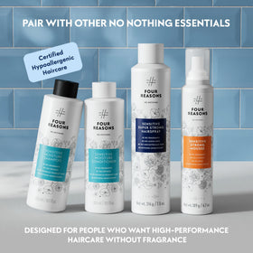 No Nothing on bathroom shelf during styling routine showing gentle, fragrance-free choice