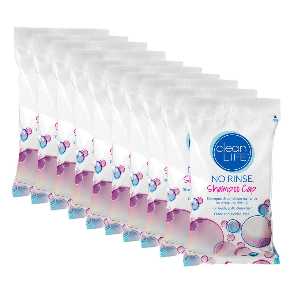 No-Rinse Cleanlife front packaging showing 10 disposable shampoo caps and benefits