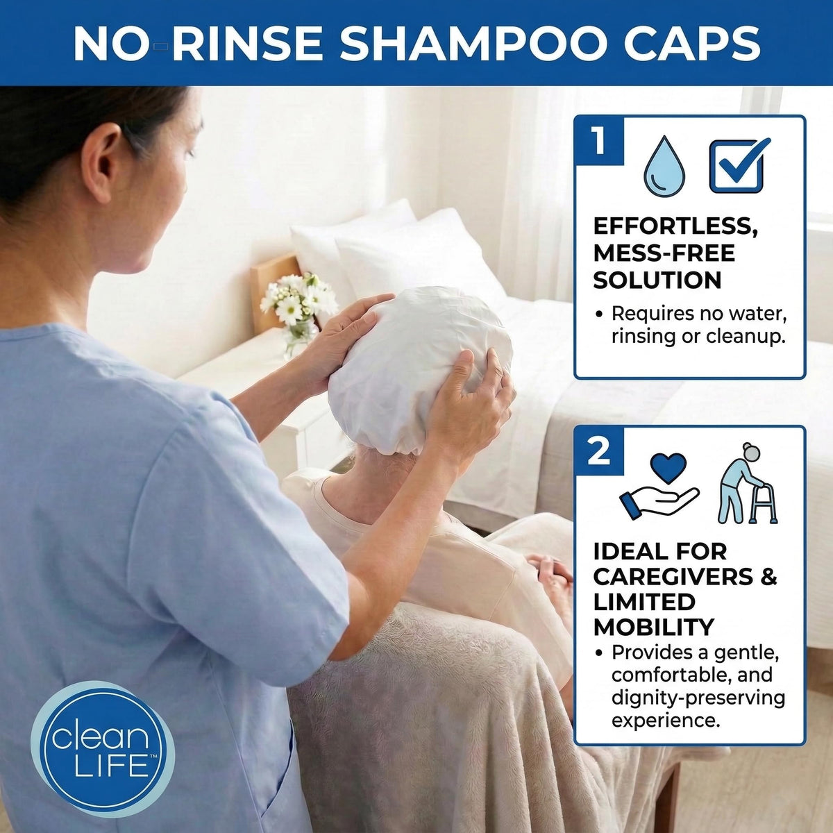 No-Rinse Cleanlife cap in use on bedside patient for easy hair care