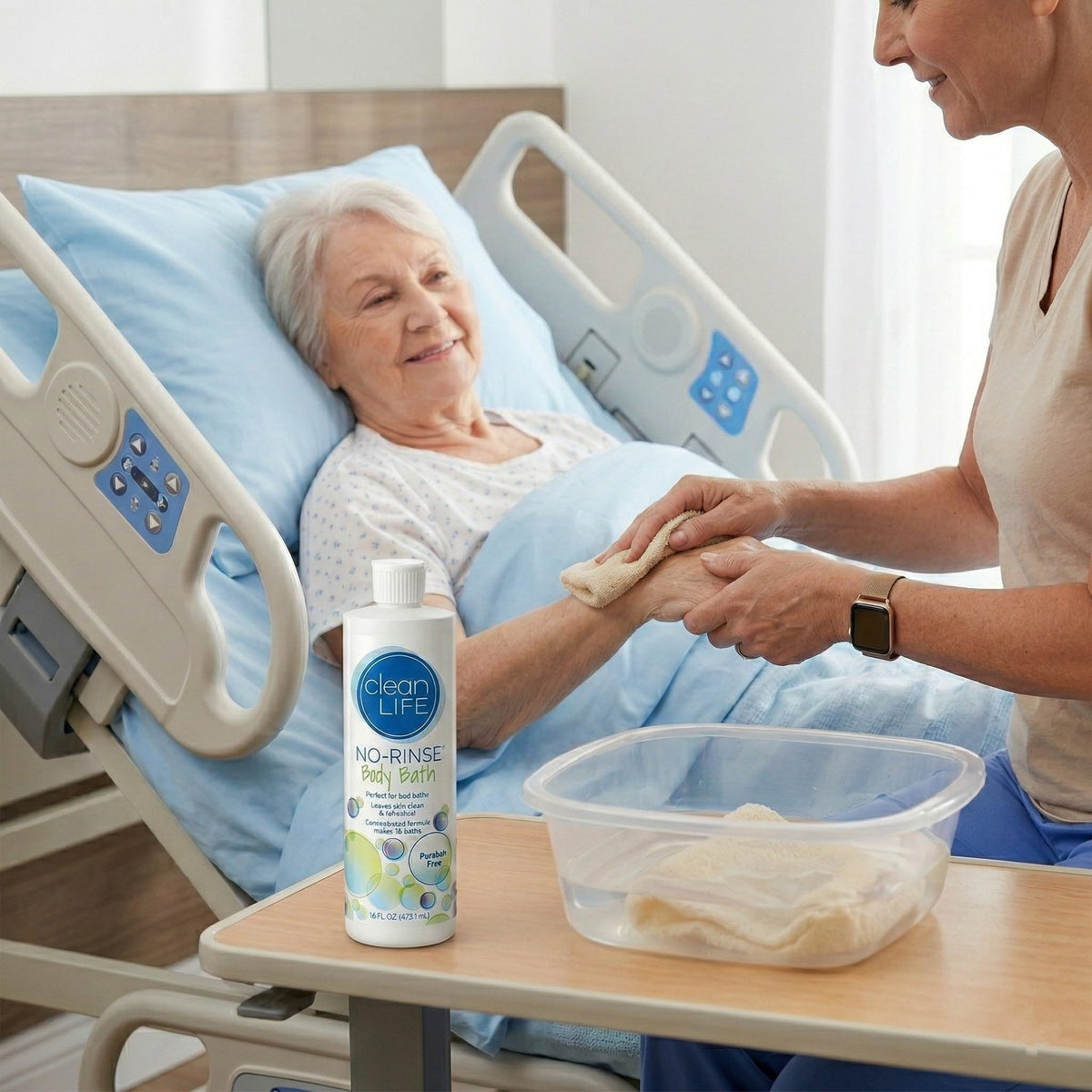 Caregiver using No-Rinse CleanLife on patient with quick clean result