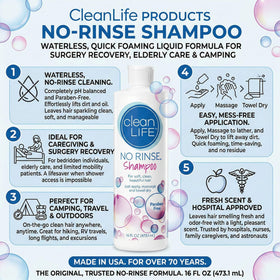 No-Rinse CleanLife shampoo foam texture close-up demonstrating gentle lather and mild cleansing
