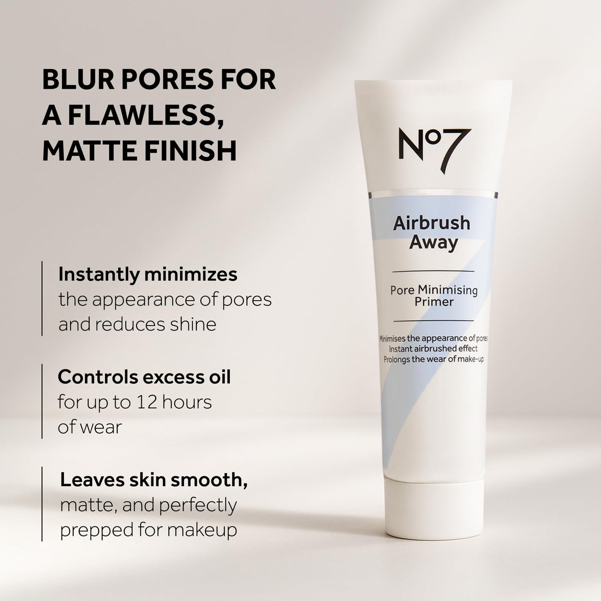 Close-up texture swatch of No7 primer showing lightweight, smooth formula for easy blending