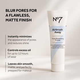 Close-up texture swatch of No7 primer showing lightweight, smooth formula for easy blending