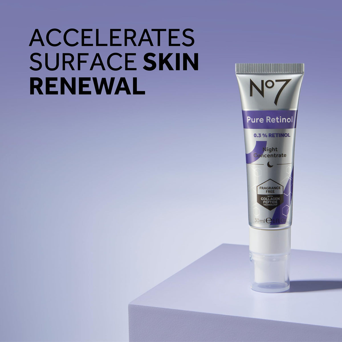 No7 bottle angle highlighting product label and clear ingredient messaging benefits trust