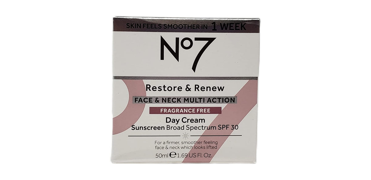 No. 7 day cream jar close-up highlighting SPF 30 protection and lightweight feel