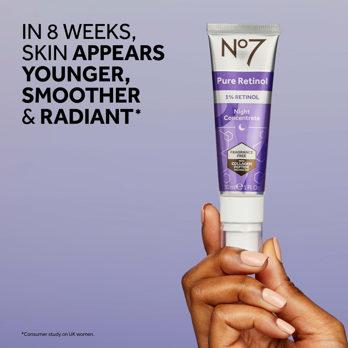 No7 dispensing a drop on hand to demonstrate lightweight spreadability