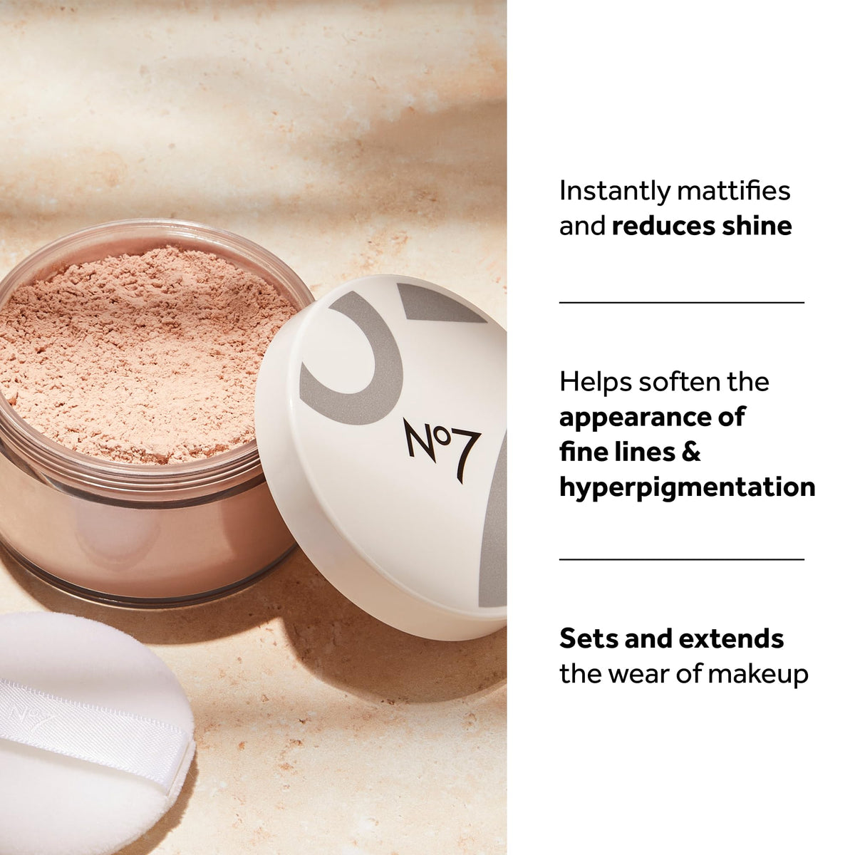 No7 close-up of powder texture emphasizing smooth, blurring finish