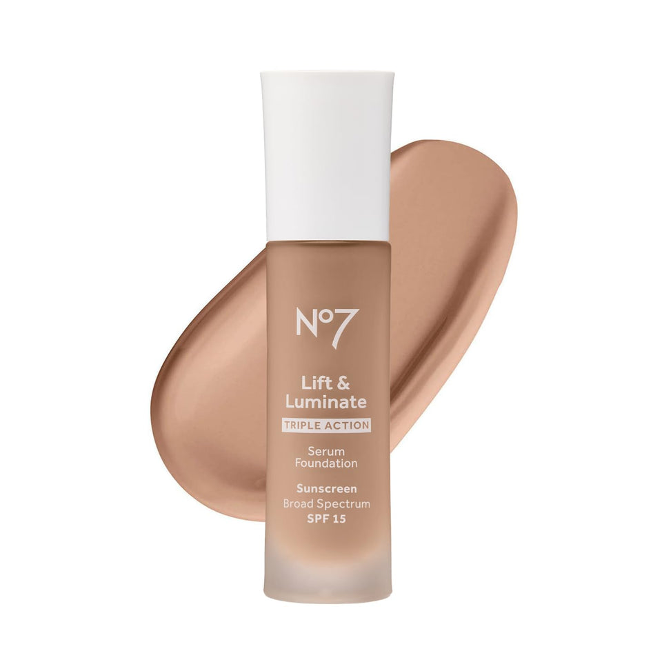 No7 front bottle view showing Sandalwood shade and easy-pump benefit
