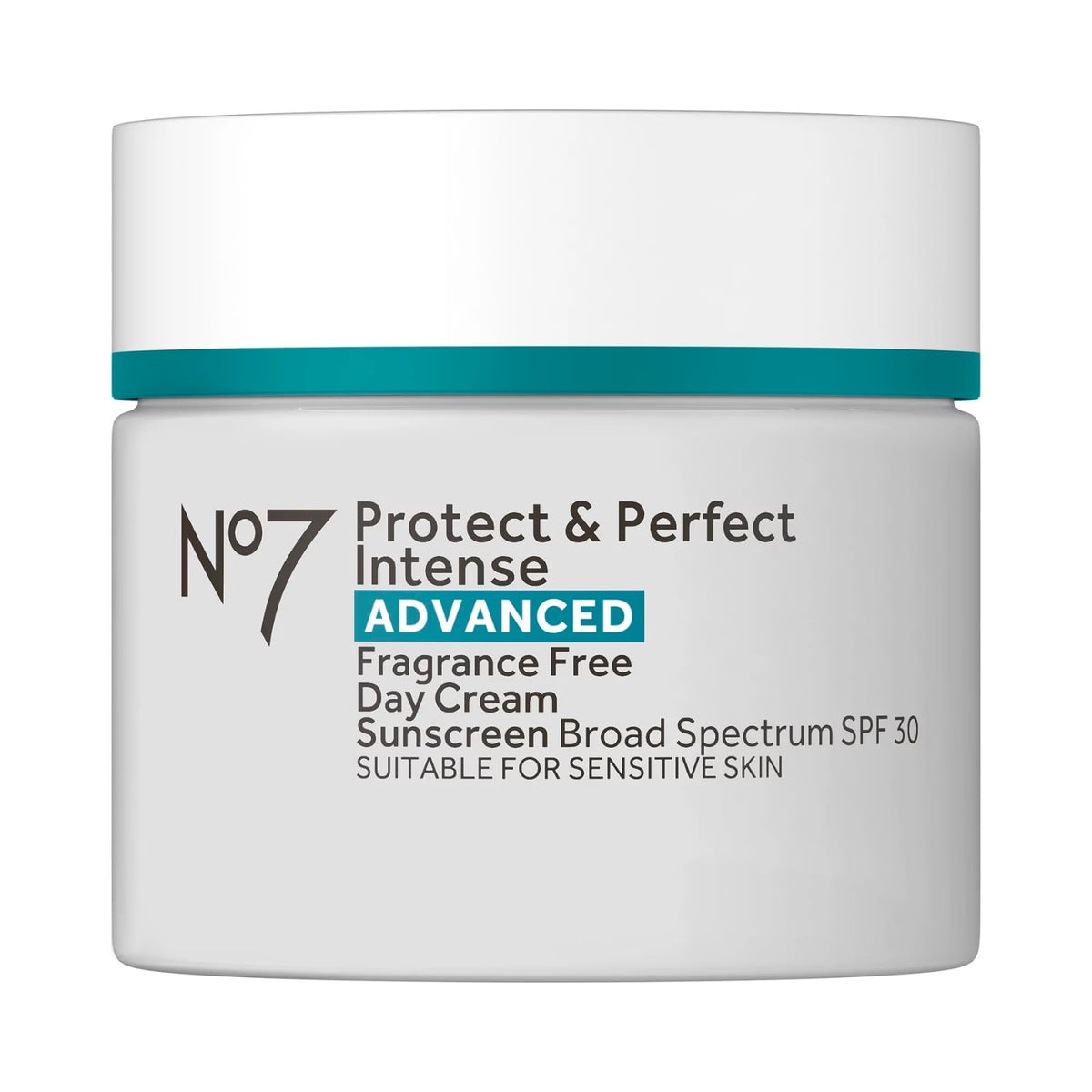 No7 front jar showing fragrance-free SPF 30 and benefit of daily protection