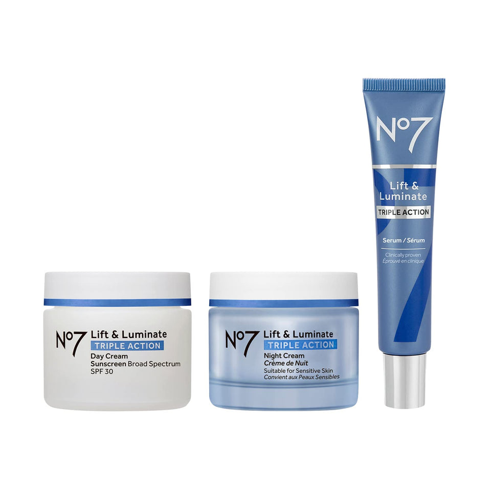 No7 front packaging displaying all three products and set presentation benefit