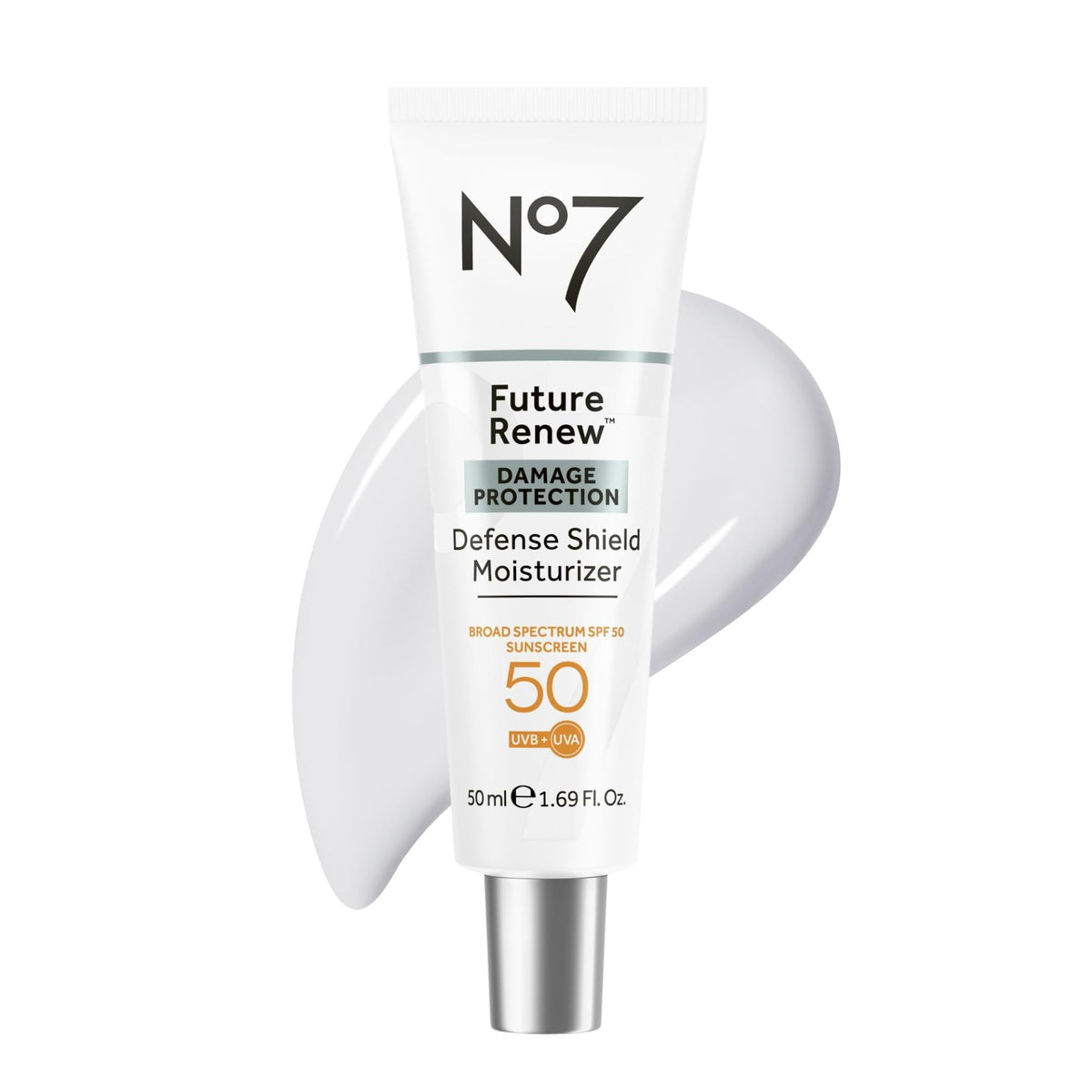 No7 front bottle showing lightweight SPF 50 protection and sleek design