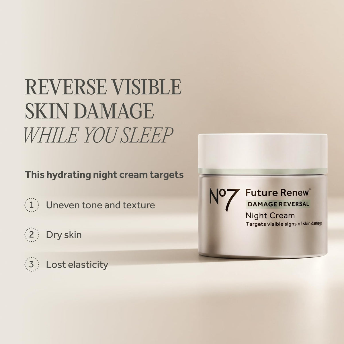 No7 jar open revealing cream texture and rich moisturizer for overnight repair