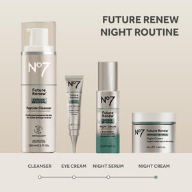 Lifestyle bathroom shelf with No7 jar among skincare products showing daily ritual benefit