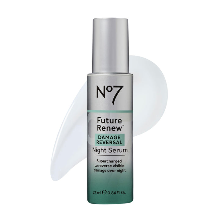 No7 bottle front view showing Future Renew night serum for visible skin renewal