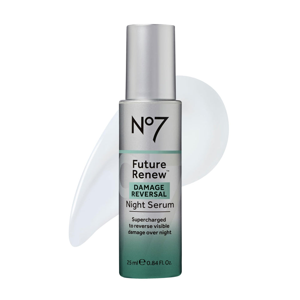 No7 bottle front view showing Future Renew night serum for visible skin renewal