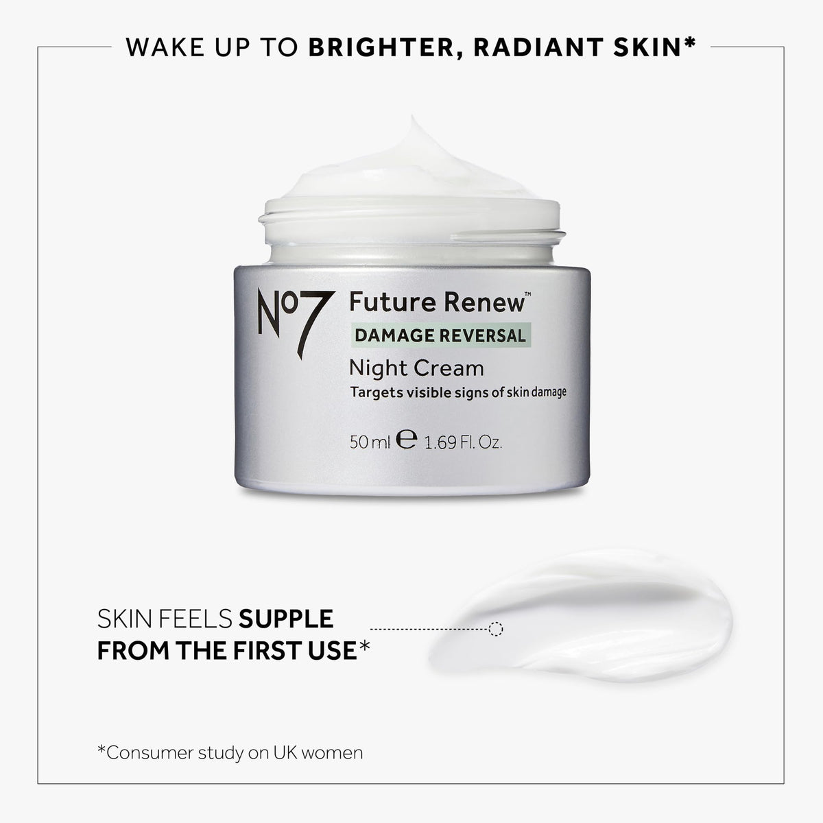No7 serum droplet on skin demonstrating lightweight finish and brightening