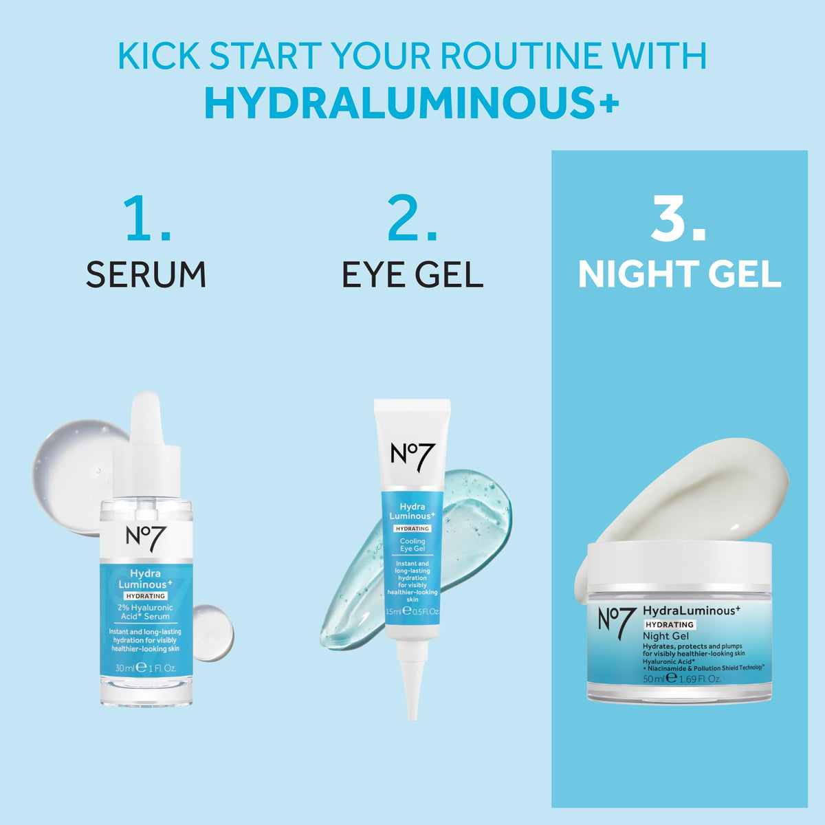 No7 ingredient label close-up showing hyaluronic acid and niacinamide benefits