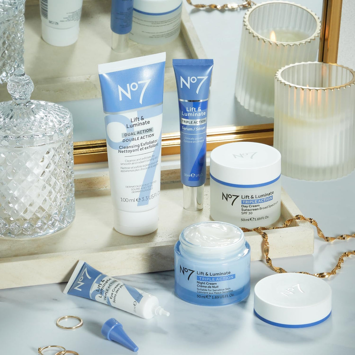 No7 ingredient label highlighting vitamins C E B5 for skin-supporting benefits